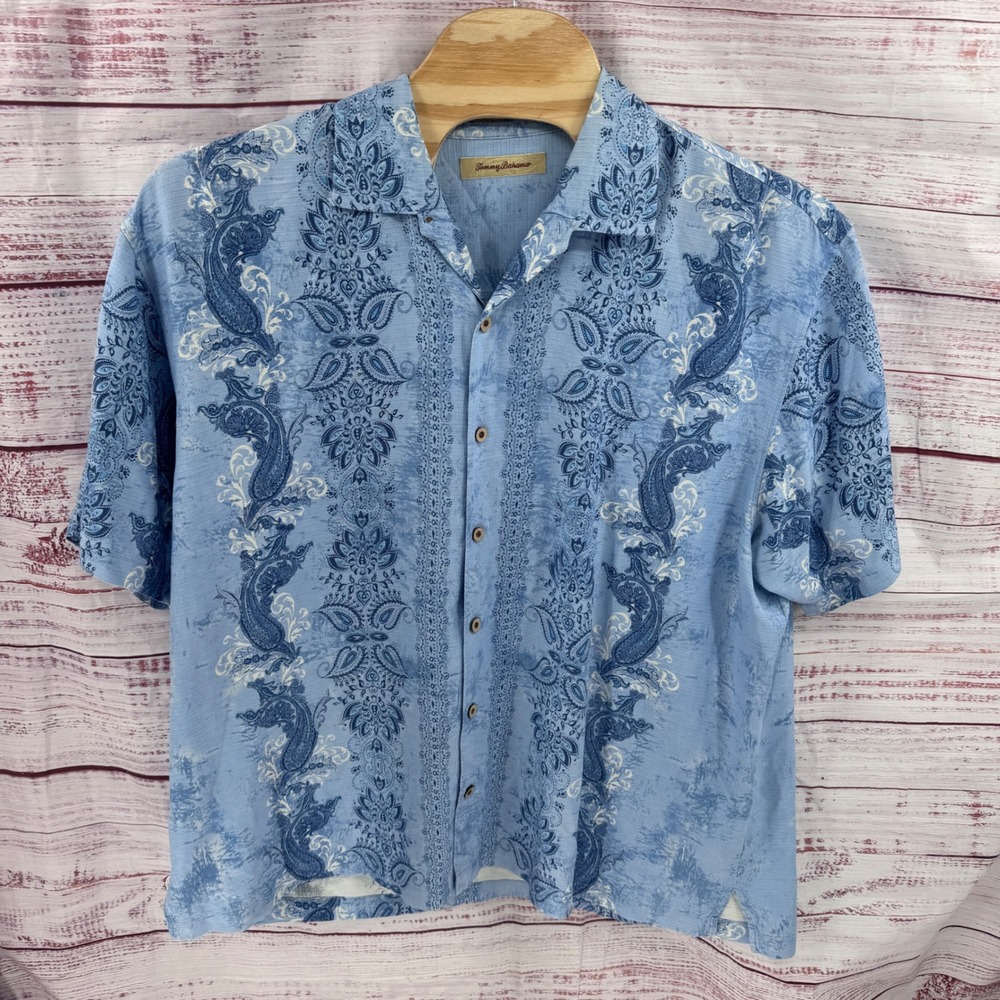 Tommy Bahama Shirt Mens 2XL Blue Silk Paisley Floral Short Sleeve Button Up